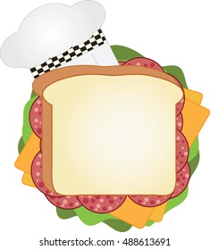 Salami sandwich with cheese, lettuce and a chef hat