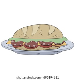 Salami sandwich food with bread onion cucumber tomato cheese lettuce salami isolated vector illustration