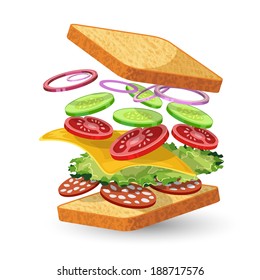 Salami sandwich ingredients food emblem with bread onion cucumber tomato cheese lettuce salami isolated vector illustration