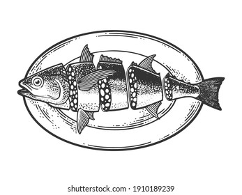Salami sausage fake fish sketch engraving vector illustration. T-shirt apparel print design. Scratch board imitation. Black and white hand drawn image.