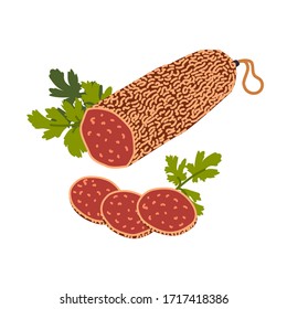 Salami sausage. Meat delicatessen on white background. Slices of Italian cured salami sausage. Simple flat style vector illustration
