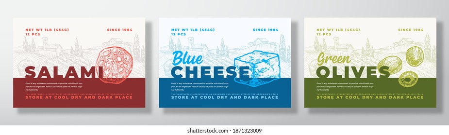 Salami Sausage, Olives and Blue Cheese Food Label Templates Set. Abstract Vector Packaging Design Layouts Bundle. Modern Typography Banners with Hand Drawn Rural Landscape Background. Isolated.