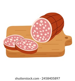 Salami rollo de salchicha. Productos cárnicos. Corte la harina en una bandeja de madera. Vector plano dibujado a mano
