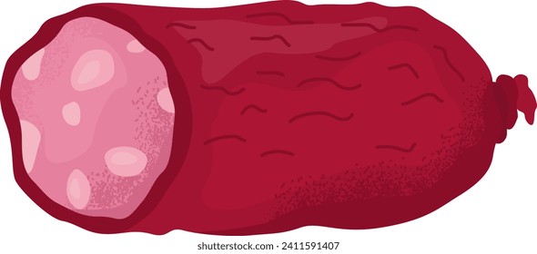 Salami sausage slice on one end, detailed textured meat vector illustration. Delicatessen, appetizing sausage, charcuterie concept.