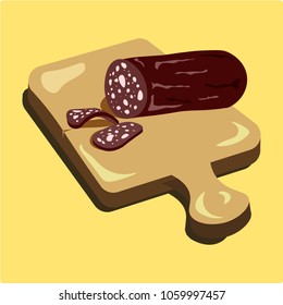 Salami sausage sliced on a cutting board.