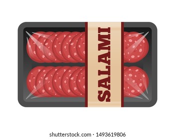 salami sausage slices in foam tray container  package on white background