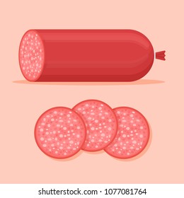 Salami sausage and slices isolated on background. Vector illustration.