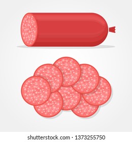 Salami sausage and slices isolated on white background. Vector illustration.
