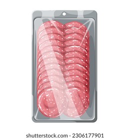 Salami sausage slices in plastic tray vector illustration. Cartoon isolated delicatessen round pieces of chorizo, pepperoni, kielbasa sausages in portion package of butcher shop, supermarket