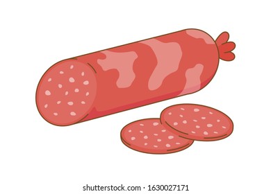 Salami sausage with two slices. Cartoon vector illustration. May use for sticker or web application. Flat style picture isolated on white background.