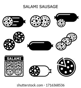 Salami sausage vector icons set, salami meat slice, salami pizza - food design. Eating, cooking, restaurant concept icons - salami pork or beef sausages - Italian cuisine
 
 
