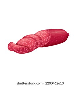 Salami sausage vector illustration. Cartoon isolated pepperoni or chorizo sausage roll cut into slices, delicatessen and gourmet food product and gourmet appetizer from butchers or grocery shop