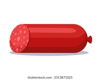 Salami sausage vector illustration. Cartoon isolated pepperoni or mortadella delicatessen round piece, smoked dry chorizo sausage, appetizer and gourmet sliced product of butchers shop.