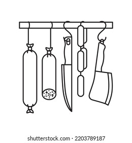 Salami sausages and knives hanging from rail line icon vector illustration