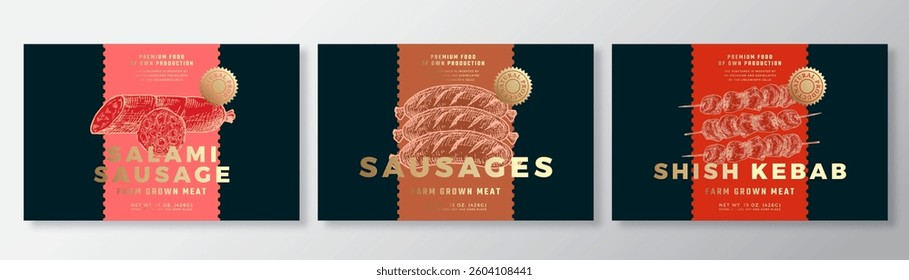 Salami Sausages Pork Kebab Vector Packaging Label Design Templates Set. Product Banner, Hand Drawn Meat, Beef and Poultry Sketches. Food Background Layout with Gold Foil Isolated