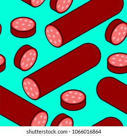 Salami seamless pattern isometric style. Sausage background. Food texture.  