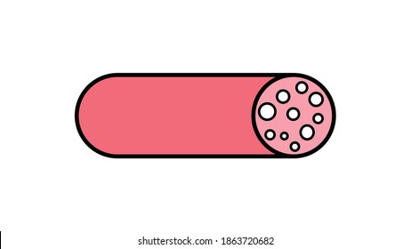 salami semicircular on a white background, vector illustration. meat sausage with lard, volumetric drawing. salami for a snack for beer, meat plate. quick snack.