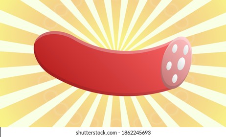 salami semicircular on a white-orange retro background, vector illustration. meat sausage with bacon. salami for appetizer and addition to sandwich and pizza. quick snack.