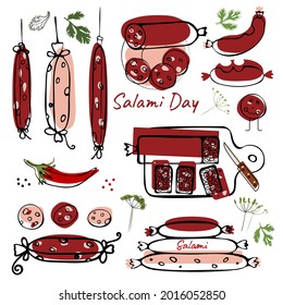  Salami set. Salami day. Manual drawing of a flat vector illustration. For labels, stickers, web design, advertising of sausage products