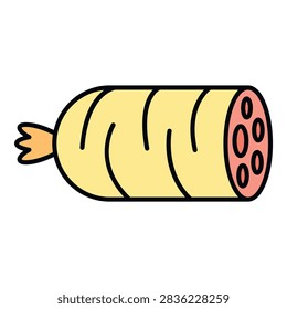 Salami showing a sliced end with embedded pieces, isolated on white