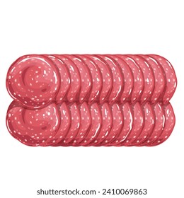 Salami slices vector illustration. Cartoon isolated top view of sliced smoked sausages in two rows, thin pieces of pepperoni or mortadella to eat, delicatessen salami product for breakfast sandwich