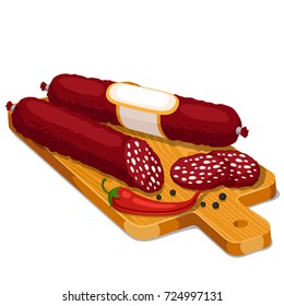 Salami smoked sausage slices with chili and pepper on wooden cutting board.