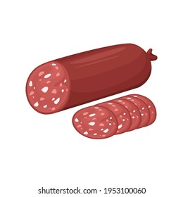 Salami stick and meat sausage slices icon. Vector illustration of a meat product.