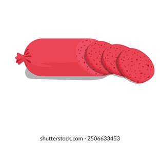 Palo de salami y lonchas de salchicha de carne. Ilustración vectorial de un producto cárnico.