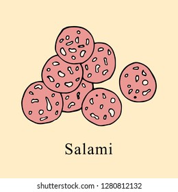 Salami vector illustration in cartoon style. Perfect for menu, card, textile design
