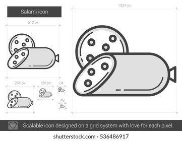 Salami-Vektorsymbol einzeln auf weißem Hintergrund. Salami Line Symbol für Infografik, Website oder App. Skalierbares Symbol, das auf einem Gittersystem entworfen wurde.