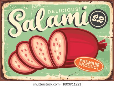 Salami vintage poster with green background. Vector illustration in retro style.