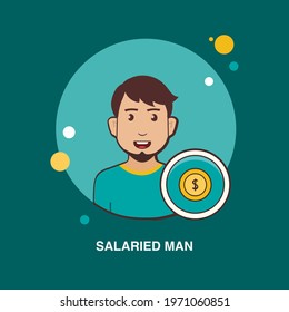 Salaried man with young boy portrait view with dollar coins flat concept design