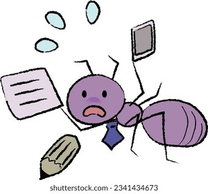 A salaried worker-style worker ant who is busy with various jobs