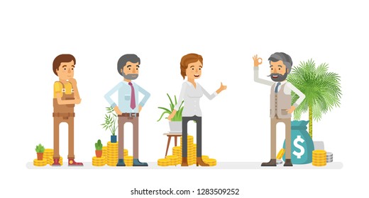 Salaries and revenues of different professions concept in flat style