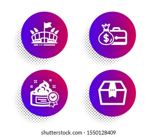 Salary, Arena And Cream Icons Simple Set. Halftone Dots Button. Package Box Sign. Diplomat With Money Bag, Sport Stadium, Best Lotion. Delivery Goods. Business Set. Classic Flat Salary Icon. Vector