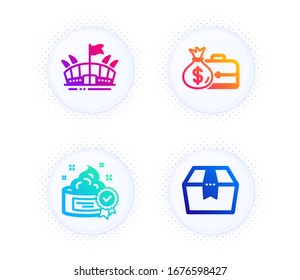 Salary, Arena and Cream icons simple set. Button with halftone dots. Package box sign. Diplomat with money bag, Sport stadium, Best lotion. Delivery goods. Business set. Vector