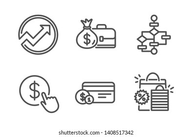 Salary, Block diagram and Audit icons simple set. Buy currency, Payment method and Shopping bags signs. Diplomat with money bag, Algorithm path. Finance set. Line salary icon. Editable stroke. Vector