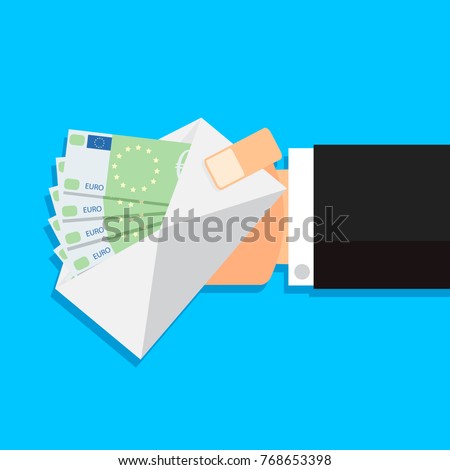 Salary bundle euro banknotes in envelope. Salary profit or corrupt bribe giving banknote. Vector defrayal concept illustration
