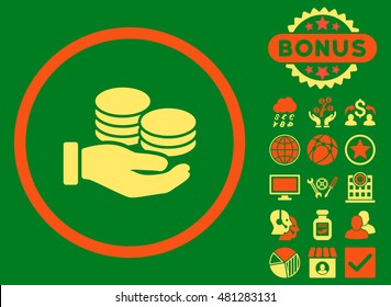 Salary Coins icon with bonus. Vector illustration style is flat iconic bicolor symbols, orange and yellow colors, green background.