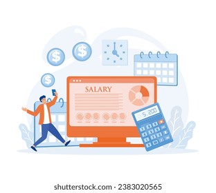 Salary concept. Male worker looking at his salary on handphone while standing with computer , calendar, and stack of coins. flat vector modern illustration