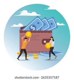 Salary concept, wages or income, cash or economics, financial saving, investment or expense. Businessman hold money with wallet banknotes.