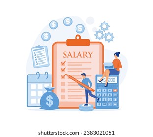 Salary concept, worker looking at his salary on handphone and male worker standing with clipboard, stack of coins and calculator, flat vector modern illustration