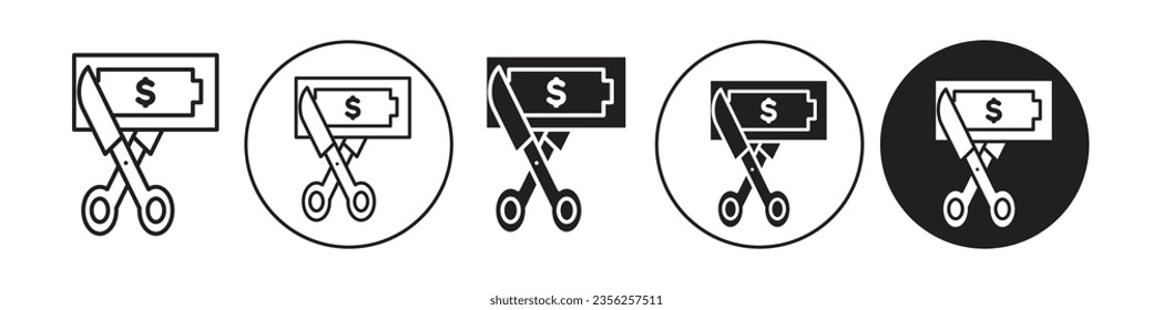 Salary deduction icon. money reduction of job income symbol. Vector set of decrease in bill payment or loan. Flat outline of relief in operation cost. price split or low debt logo. scissor to cut tax