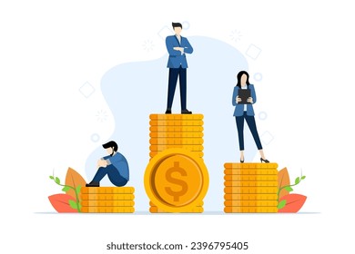 Salary Difference Concept between new employees, managers and superiors or directors. business characters standing with different money or money bags. flat vector illustration on white background.