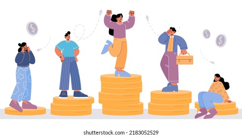 Salary difference concept, people stand on low and high golden coin stacks. Male and female characters of different class and income rate, society hierarchy structure Line art flat vector illustration