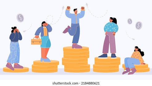 Salary Difference Concept, People Stand On Low And High Golden Coin Stacks. Male And Female Characters Of Different Class And Income Rate, Society Hierarchy Structure Line Art Flat Vector Illustration