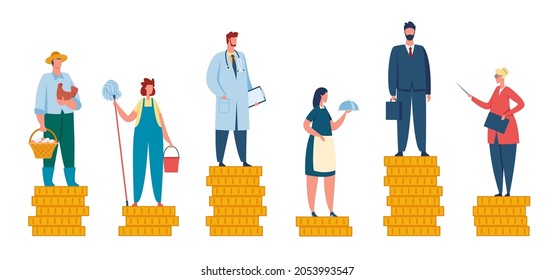 Diferencia salarial, brecha salarial entre ricos y pobres. Personas con diferentes ingresos, comparación de ingresos profesionales, concepto de vector de salarios desiguales. Ganancia desleal para granjeros, camareras, profesores y doctores