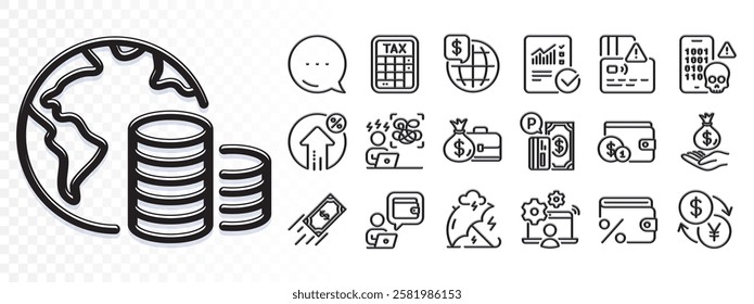 Salary, Difficult stress and Tax calculator line icons for web app. Glare of light effect. Message icon. Pack of Card, Buying accessory, Checked calculation pictogram icons. Vector