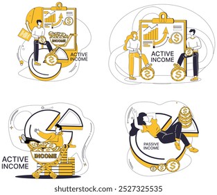 Ilustração do vetor de ganhos de salário. Carreira, navio resistente, vela em águas ganhos salariais para o sucesso do horizonte Orçamento, bússola, guia a expedição através de ganhos salariais do terreno