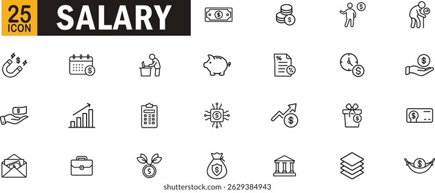 Conjunto de ícones de estrutura de tópicos editável de salário. Pagamento, finanças, receita, ganhos, folha de pagamento e muito mais.